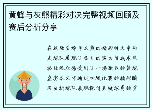 黄蜂与灰熊精彩对决完整视频回顾及赛后分析分享
