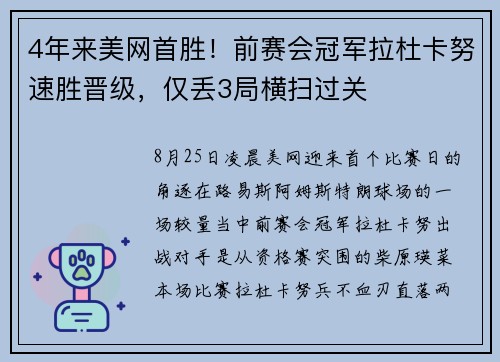 4年来美网首胜！前赛会冠军拉杜卡努速胜晋级，仅丢3局横扫过关